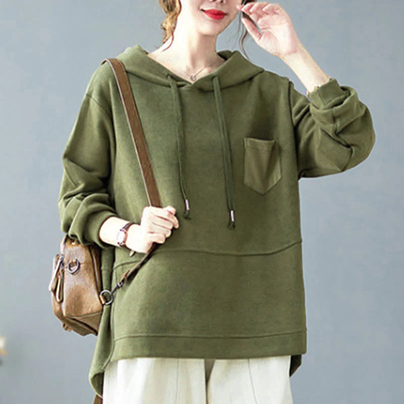 Buddha Stones Fall Solid Color Decorative Pocket Cotton Long Sleeve Women's Hoodie
