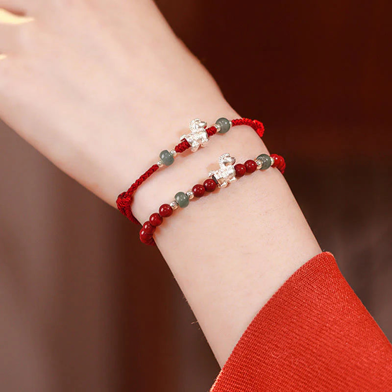 Buddha Stones Year of the Horse Cinnabar Jade Red String Blessing Bracelet