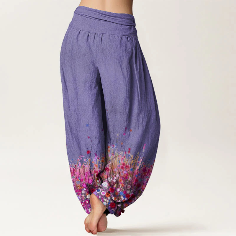 Buddha Stones Cotton Casual Colorful Wildflower Field Pattern Women's Elastic Waist Harem Pants