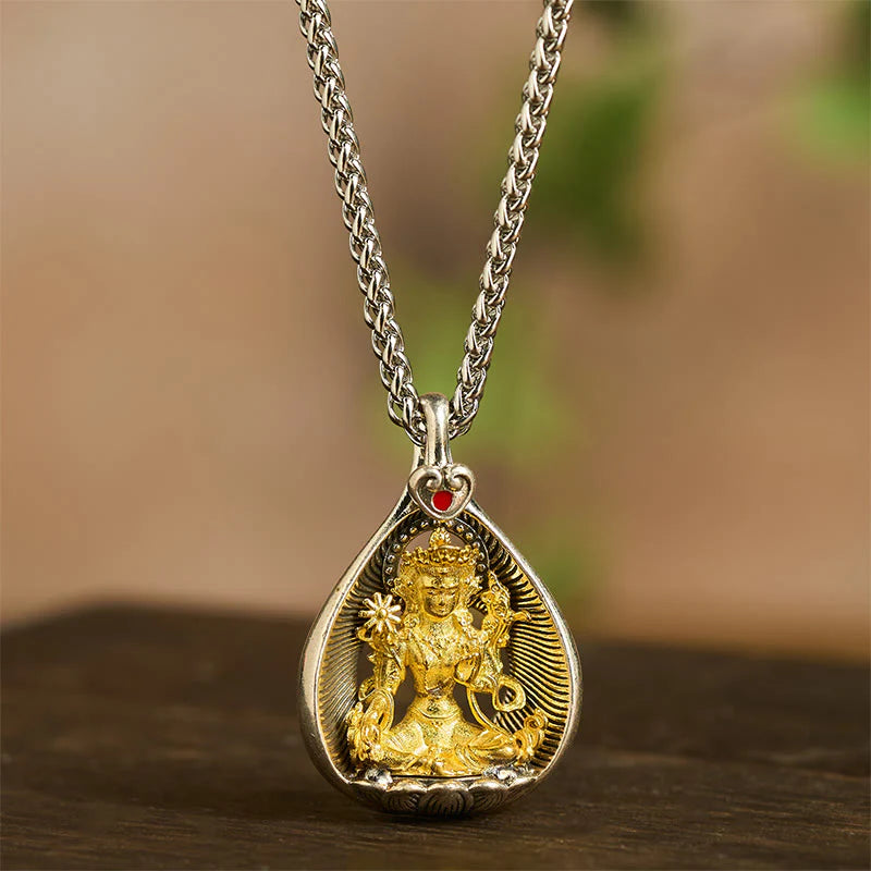 Buddha Stones Green Tara Shakyamuni Buddha Copper Plated Silver Curb Chain Luck Pendant Necklace