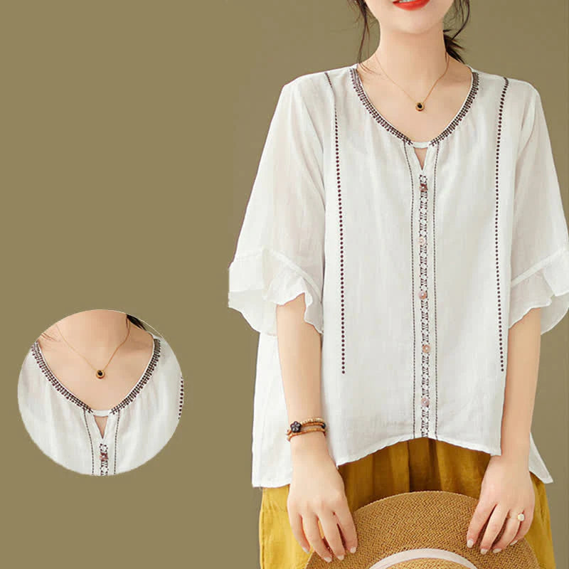 Buddha Stones Embroidery Buttons Crew Neck Flared Short Sleeve Women's Shirt