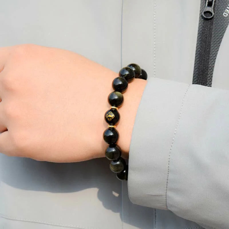 Buddha Stones Chinese Zodiac Natal Buddha Gold Sheen Obsidian Wealth Protection Bracelet