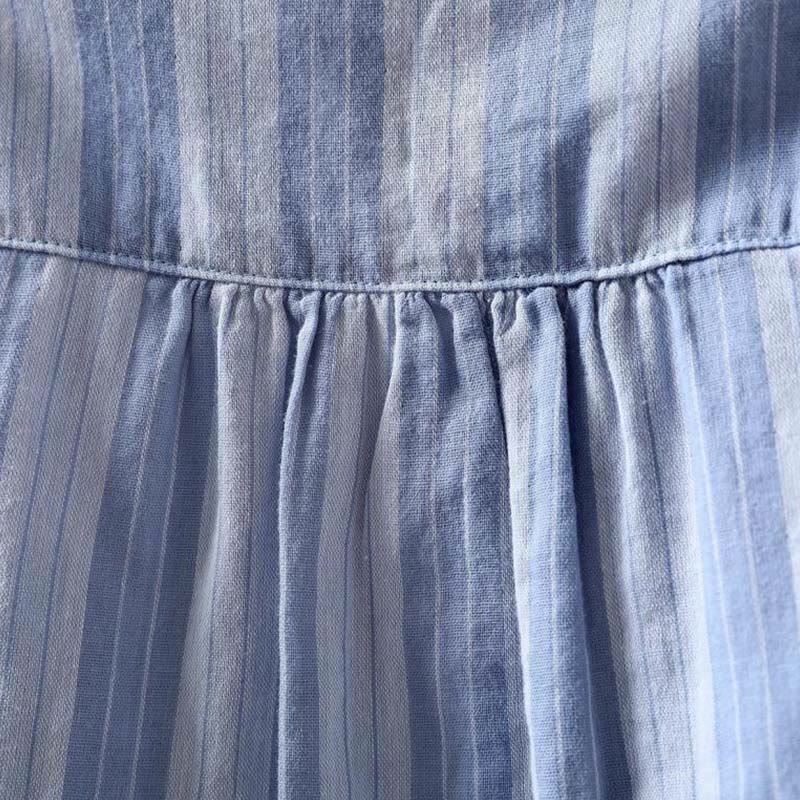 Buddha Stones Fall Vertical Stripes Button Down Stand Collar Long Sleeve Women's Cotton Shirt