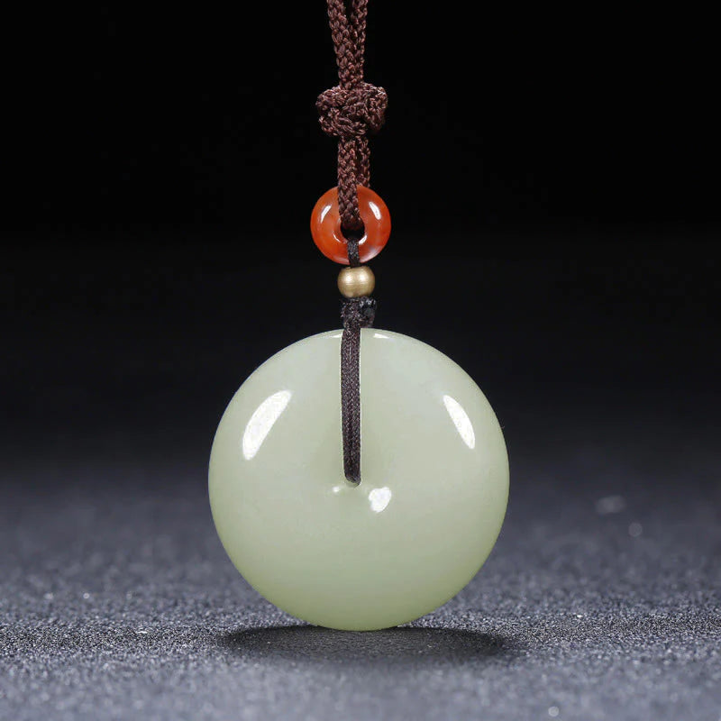 Buddha Stones Round Hetian White Jade Peace Buckle Blessing Necklace Pendant