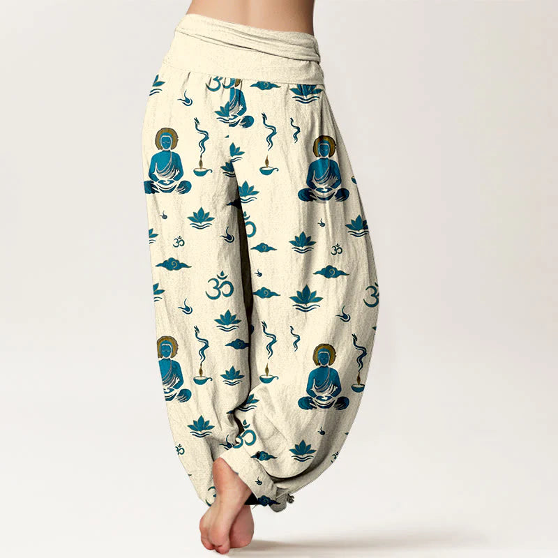 Buddha Stones Cotton Om Symbol Lotus Cloud Buddha Pattern Women's Elastic Waist Harem Pants
