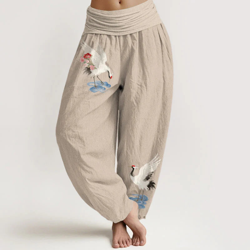 Buddha Stones Pure Cotton Elegant Crane Flower Cloud Pattern Women's Elastic Waist Harem Pants