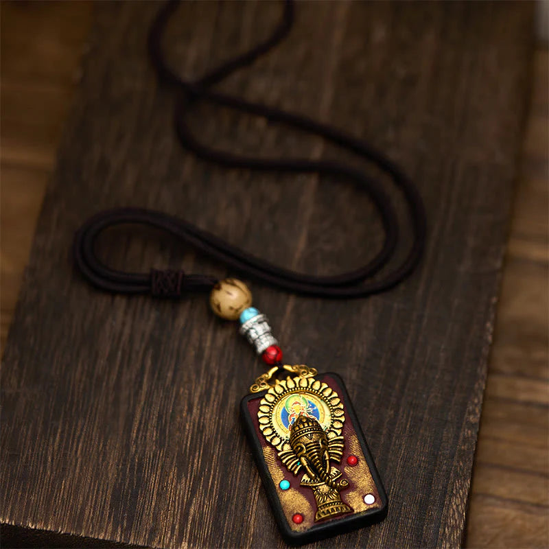 Buddha Stones Tibetan Ganesh Ganpati Elephant Ebony Wood Rope Peace Necklace Pendant