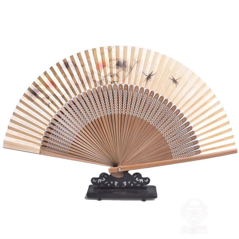 Buddha Stones Lotus Dragonfly Peony Butterfly Handheld Paper Bamboo Folding Fan 22.5cm