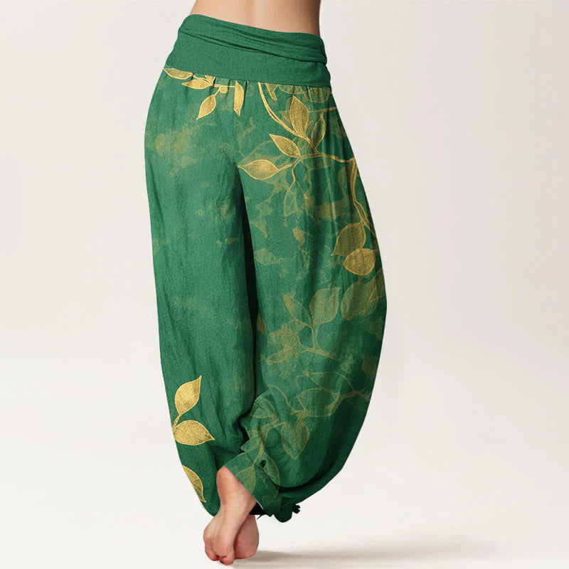 Buddha Stones Pure Cotton Softly Colored Leaves Pattern Women's Elastic Waist Harem Pants