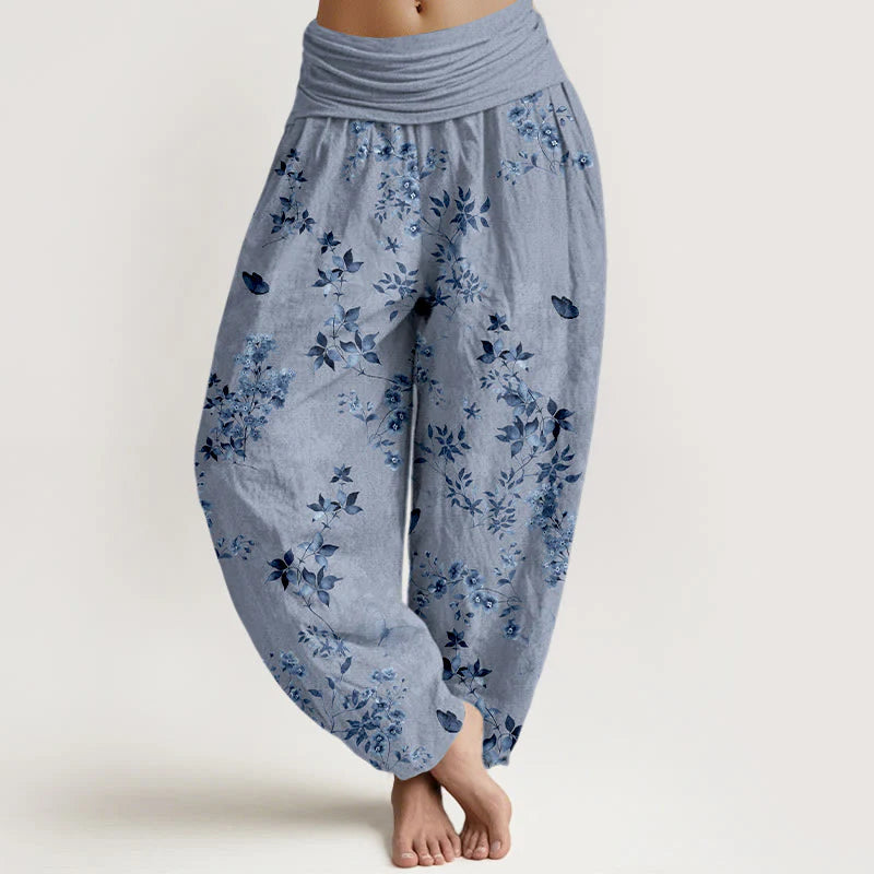 Buddha Stones Cotton Hazy Flower Leaf Pattern Women's Elastic Waist Harem Pants