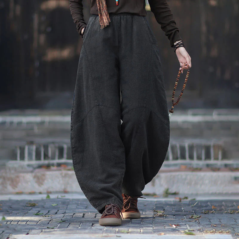 Buddha Stones Winter Elastic Waist Ramie Cotton Thermal Women's Pants With Pockets