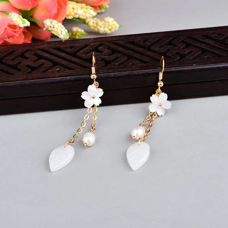Buddha Stones Pearl White Flower Leaves Happiness Drop Earrings