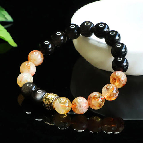 Buddha Stones Om Mani Padme Hum Silver Sheen Obsidian Citrine Protection Bracelet