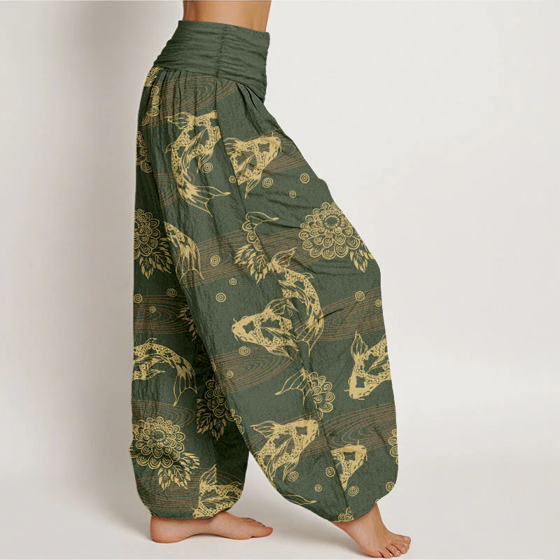 Buddha Stones Cotton Exquisite Koi Fish Flowers Leaves Curve Pattern Women's Elastic Waist Harem Pants