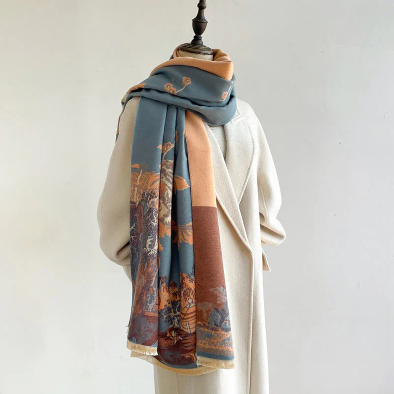 Buddha Stones Fall Flowers Trees Pavilion Pattern Cozy Scarf Shawl