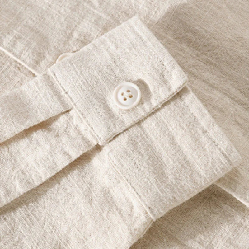 Buddha Stones Commute Fall Solid Color Lapel Men's Long Sleeve Cotton Linen Shirt With Pocket