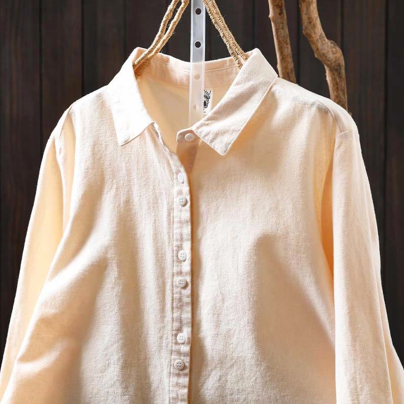 Buddha Stones Fall Solid Color Button Down Stand Collar Long Sleeve Women's Cotton Shirt