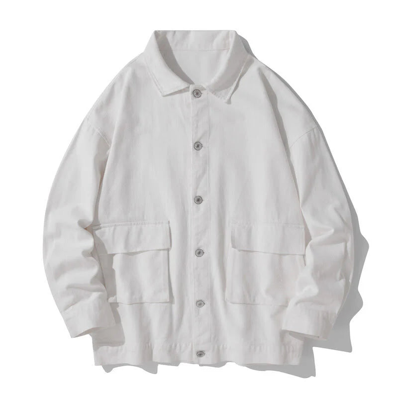 Buddha Stones Long Sleeve Button Stand Collar Design Men's Cotton Jacket Shirt With Pockets
