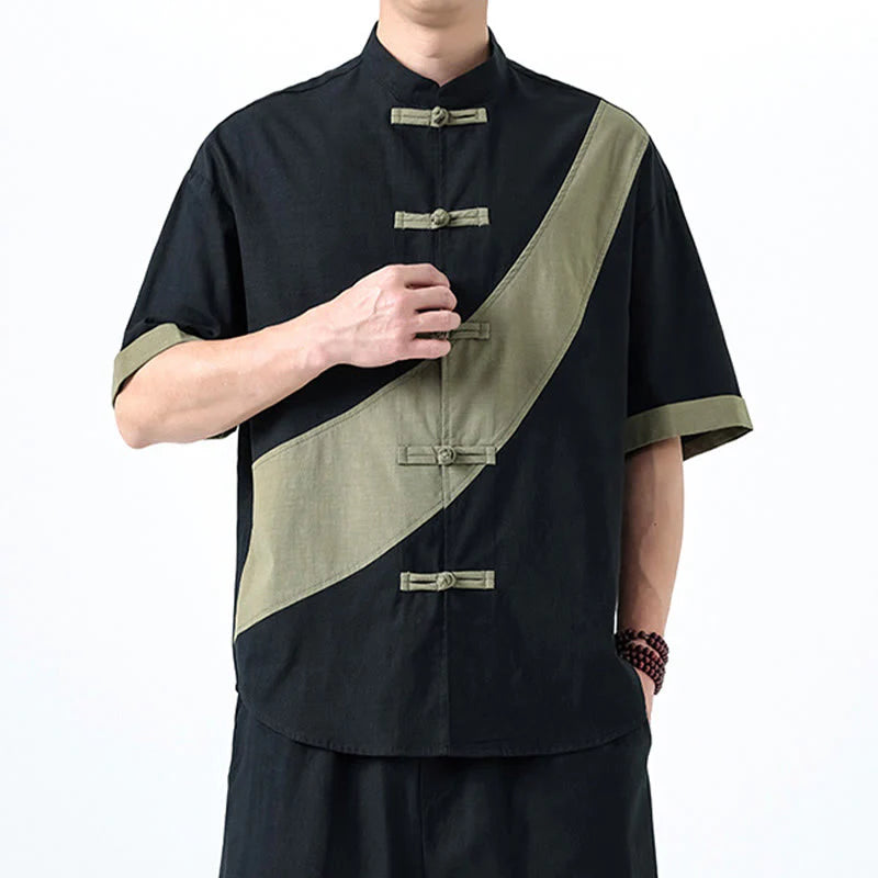 Buddha Stones Spring Color Contrast Chinese Frog-Button Design Men's Half Sleeve Cotton Linen Shirt