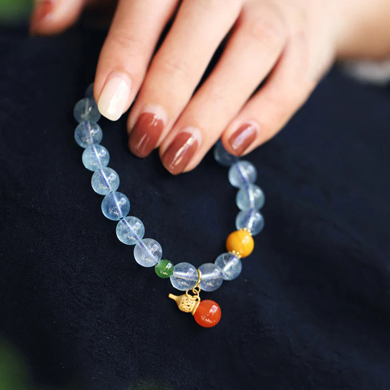 Buddha Stones Aquamarine Red Agate Peace Gourd Charm Bracelet