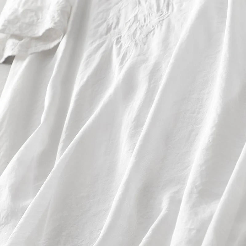 Buddha Stones Summer White Pure Color Embroidery Leaf Flower V-Neck Short Sleeve Midi Dress With Pockets