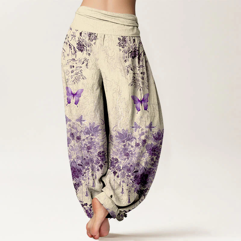 Buddha Stones Cotton Butterfly Floral Pattern Women's Elastic Waist Harem Pants