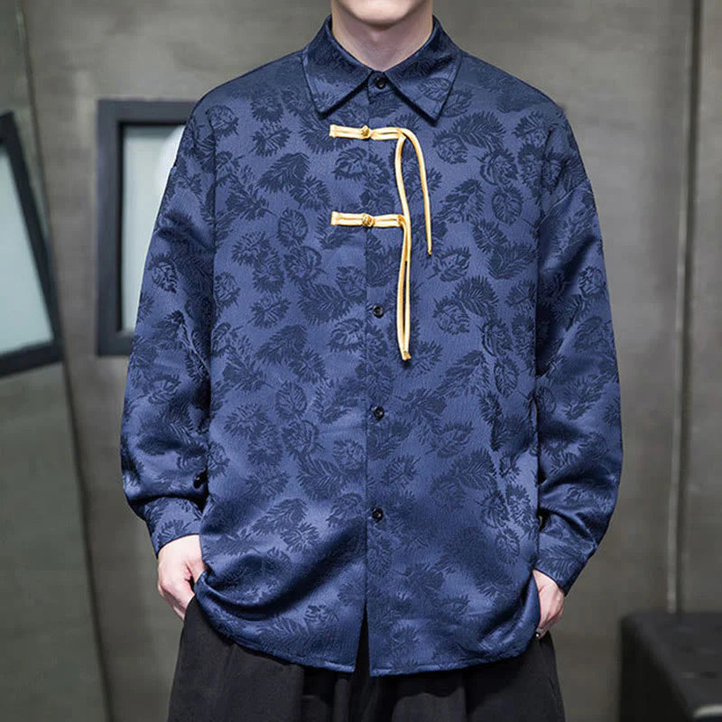 Buddha Stones Frog-Button Leaves Pattern Long Sleeve Men's Tang Suit Jacket