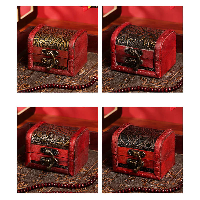 Buddha Stones Retro Small Wood Jewelry Box Lotus Golden Grape Copper Coin Daffodil Grass Flower Jewelry Storage Box