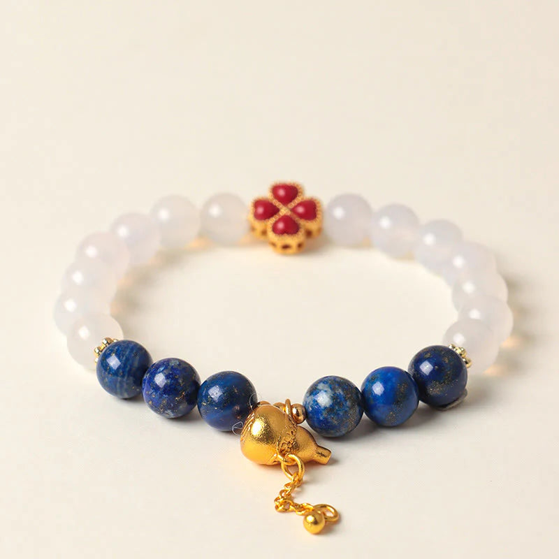 Buddha Stones Four Leaf Clover Flower Gourd South Red Agate White Agate Positive Beaded Bracelet