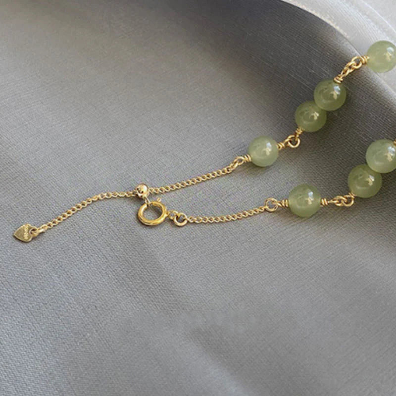 Buddha Stones 14k Gold Plated Hetian Jade Beaded Prosperity Chain Bracelet