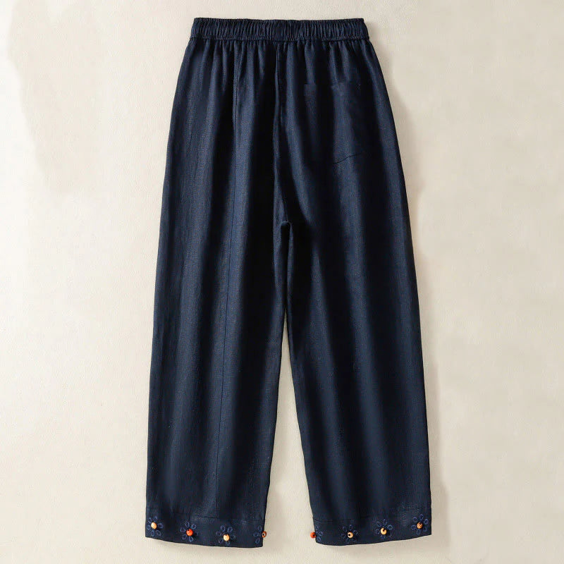 Buddha Stones Casual Embroided Bead Drawstring Women's Wide Leg Cotton Pants With Pockets