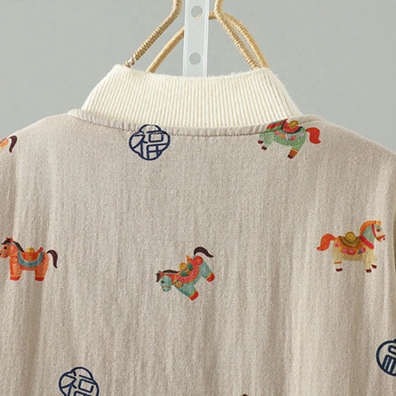 Buddha Stones Horse Fu Character Pattern Frog-Button Design Women's Long Sleeve Thickened Jacket
