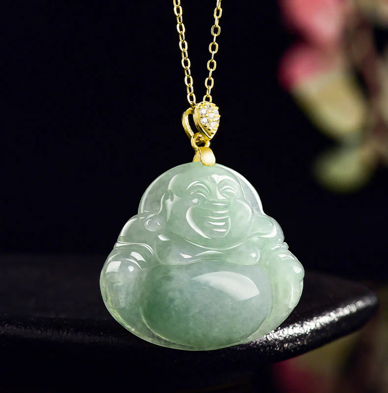 Buddha Stones Natural Jade Laughing Buddha Luck Prosperity Titanium Steel Chain Necklace Pendant