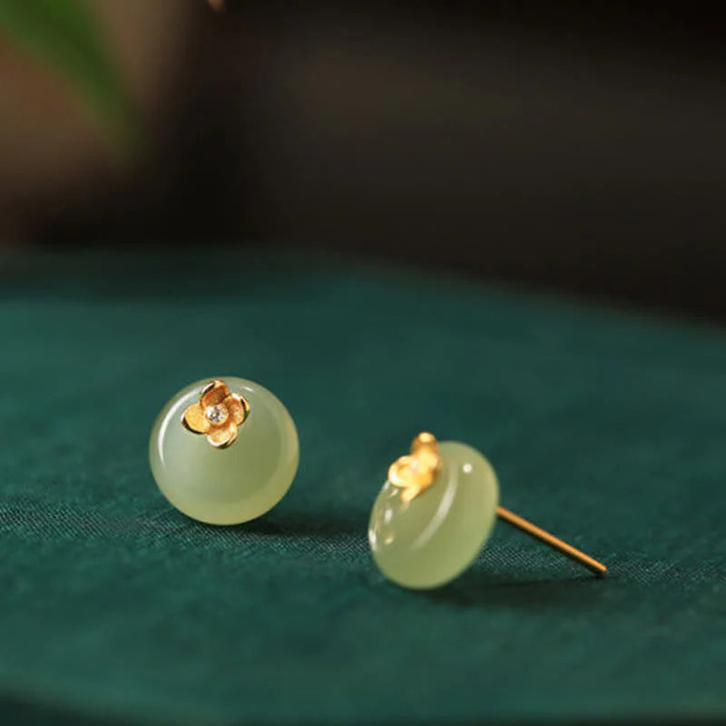 Buddha Stones Cyan Jade 925 Sterling Silver Flower Harmony Earrings