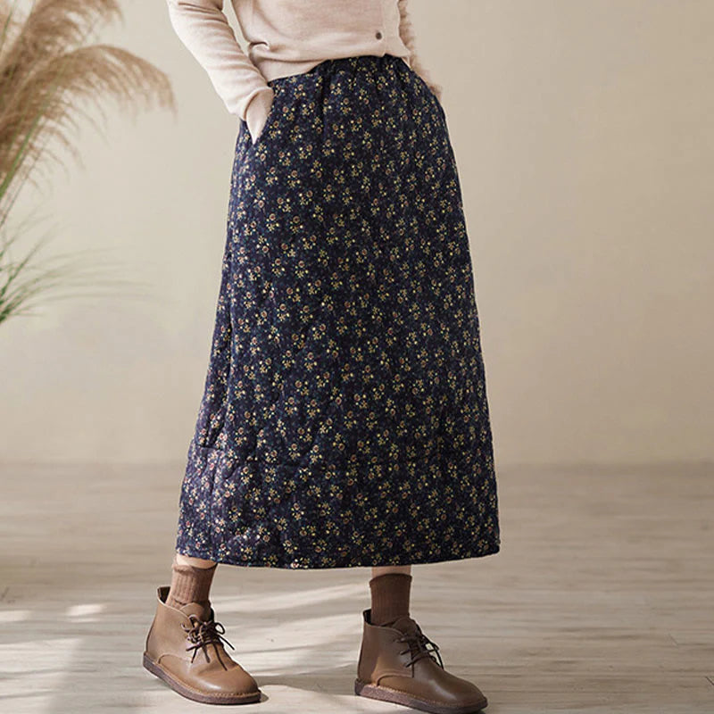 Buddha Stones Vintage Floral Pattern Elastic Waist Cotton Women's Midi Skirt With Pockets