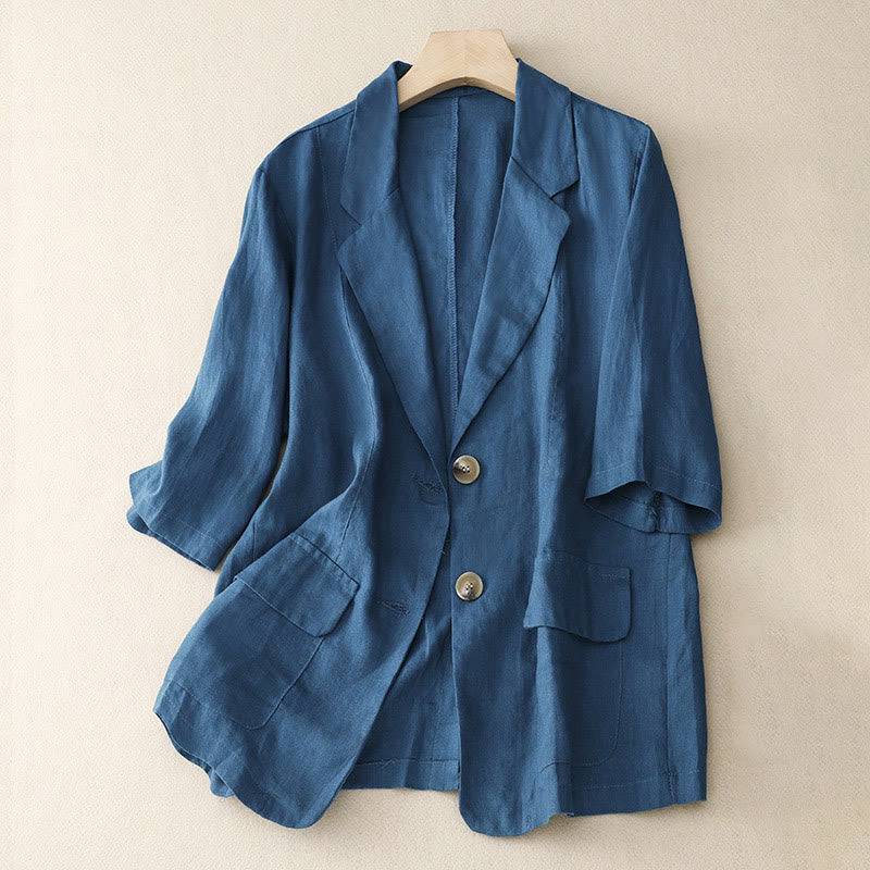 Buddha Stones Women's Three Quarter Sleeve Button Cotton Small Suit Jacket With Pockets