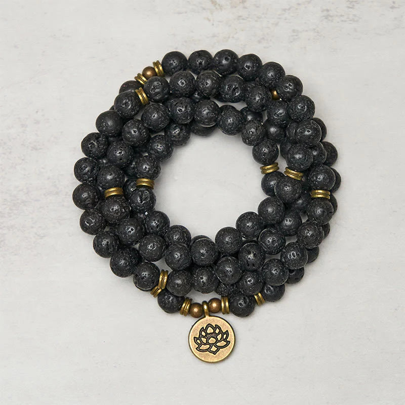 FREE Today: Healing and New Beginning Retro Lotus Symbol Charm Lava Rock Bead Mala