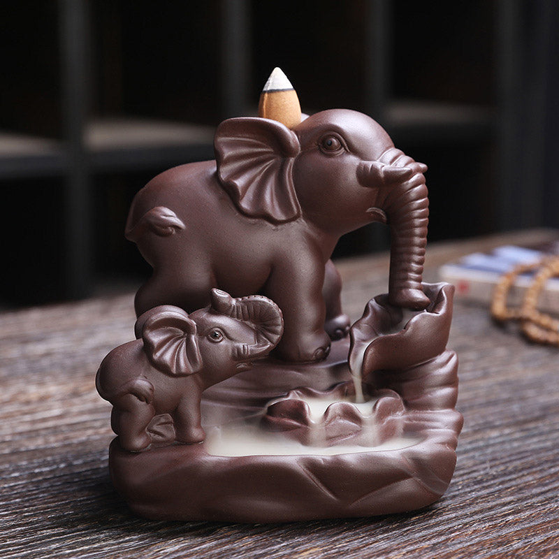 Buddha Stones Tibetan Elephant Purple Clay Backflow Smoke Fountain Protection Incense Burner Decoration