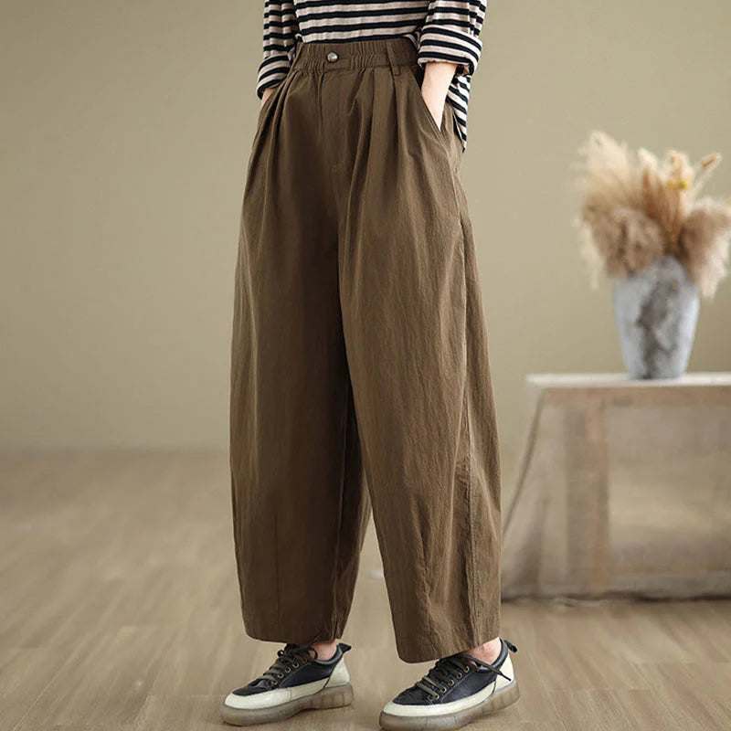 Buddha Stones Casual Solid Color One Top Button Elastic Waistband Women's Pants With Pockets