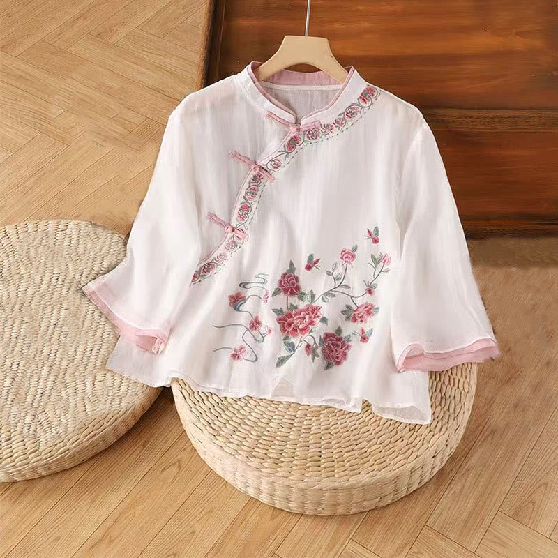 Buddha Stones Vintage Zen Embroidery Plant Floral Pattern Chinese Frog-Button Design Three Quarter Sleeve Women's Cotton Linen Shirt