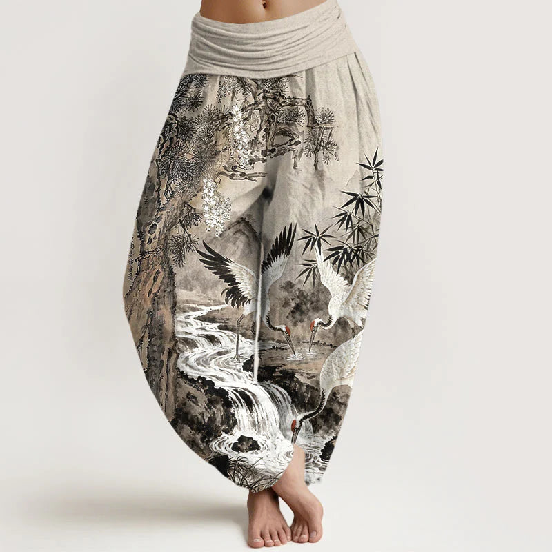 Buddha Stones Pure Cotton Red-crowned Crane Stream Pattern Women's Elastic Waist Harem Pants