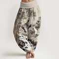 Buddha Stones Pure Cotton Red-crowned Crane Stream Pattern Women's Elastic Waist Harem Pants