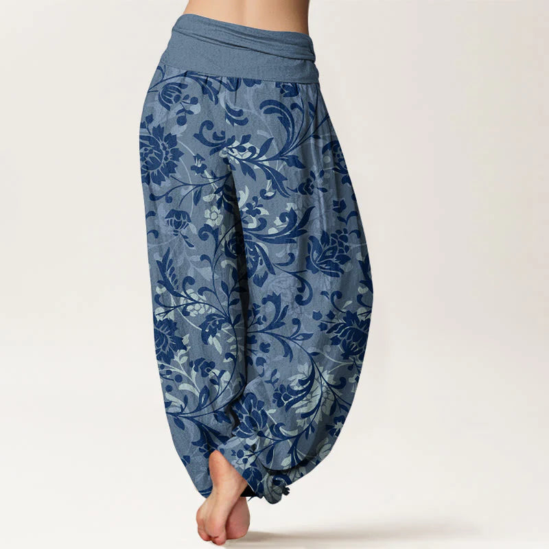 Buddha Stones Cotton Understated Luxury Flower Vine Pattern Women's Elastic Waist Harem Pants