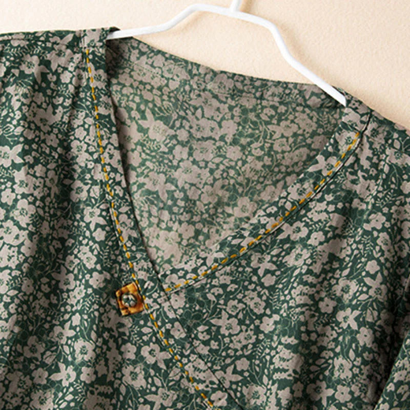 Buddha Stones Spring V-Neck Printed Floral Pattern Women's Long Sleeve Shirt