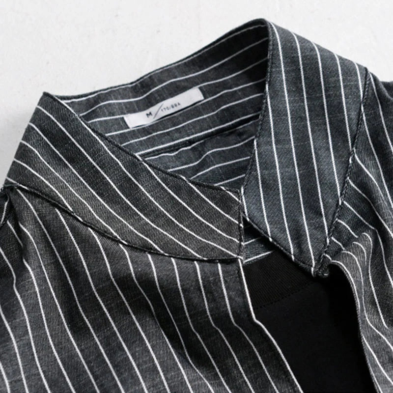 Buddha Stones Fall 2 In 1 Stripes Stand Collar Long Sleeve Men's Cotton Shirt
