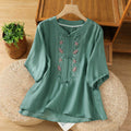 Buddha Stones Frog-button Stand Collar Embroidered Flower Elastic Cuff Three Quarter Sleeve Women's Shirt