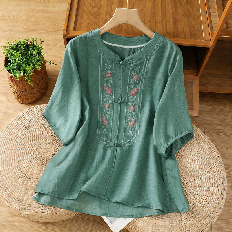 Buddha Stones Frog-button Stand Collar Embroidered Flower Elastic Cuff Three Quarter Sleeve Women's Shirt