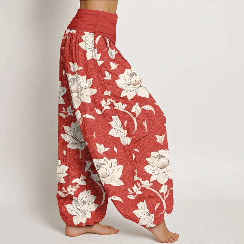 Buddha Stones Pure Cotton Beige Lotus Pattern Women's Elastic Waist Harem Pants