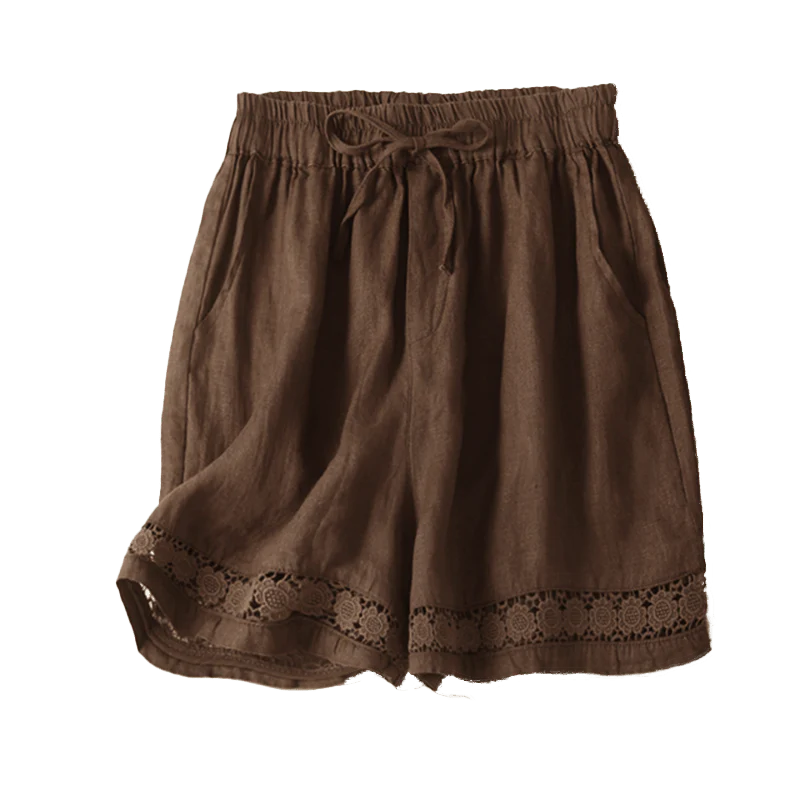 Buddha Stones Plain Color Bottom Hollow Lace Design Lace-up Cotton Women's Shorts With Pockets