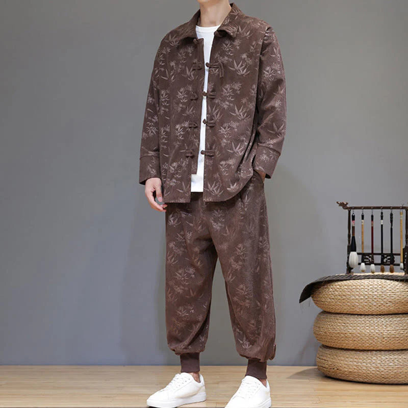 Buddha Stones 2Pcs Winter Thick Bamboo Men's Tang Suit Frog-Button Cotton Corduroy Long Sleeve Jacket Pants Set With Pockets